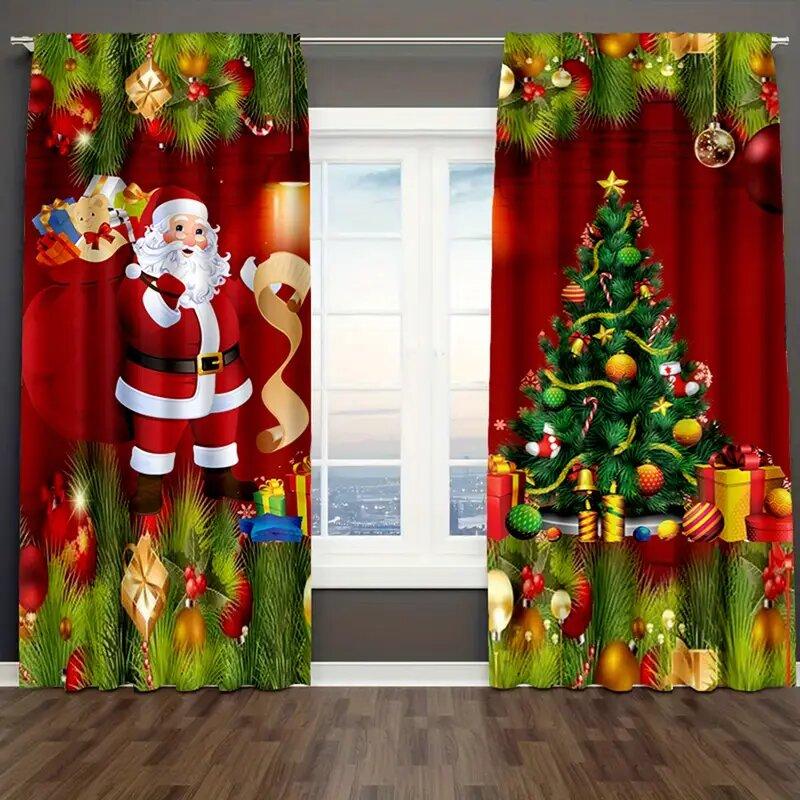 2 Pieces Christmas Window Curtain/set Santa And Tree Print Decorations for Home Room Decoration Christmas Thematic