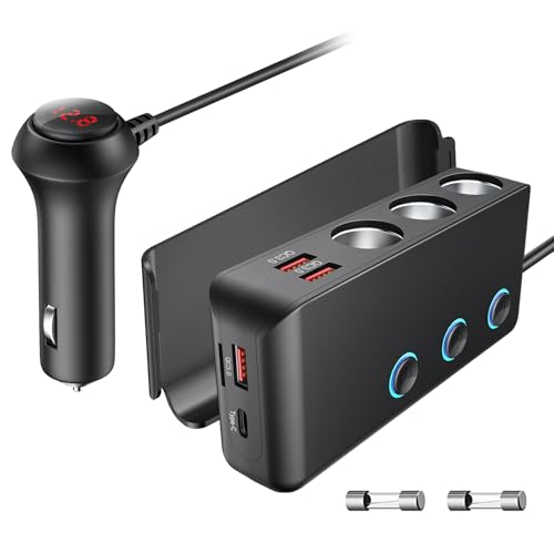 

OOWOLF Cigarette Lighter Socket, 3 Row Expansion Socket, Black Ash