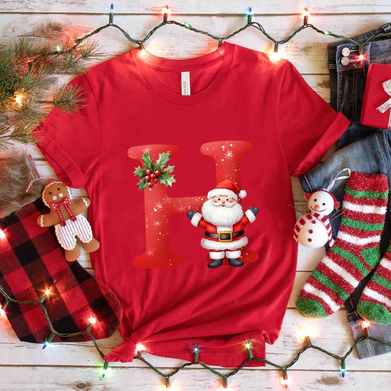 Santa AZ Alphabet Womens Tshirt Christmas Party Casual Tee with Graphic Print Holiday Fashion Y2k Tops for Female Clothing