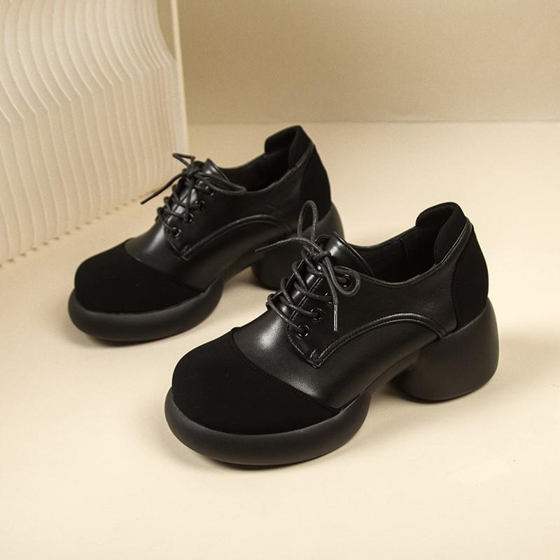 Fashion Women's Fashion Thick Heel Shoes Spring New Round Head Deep Mouth Splicing Front Lacing Thick Sole Mid-heel Shoes