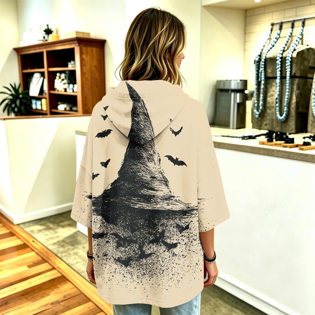 Women's Fashionable Three-Quarter-Sleeve Halloween-Printed Hooded Pullover