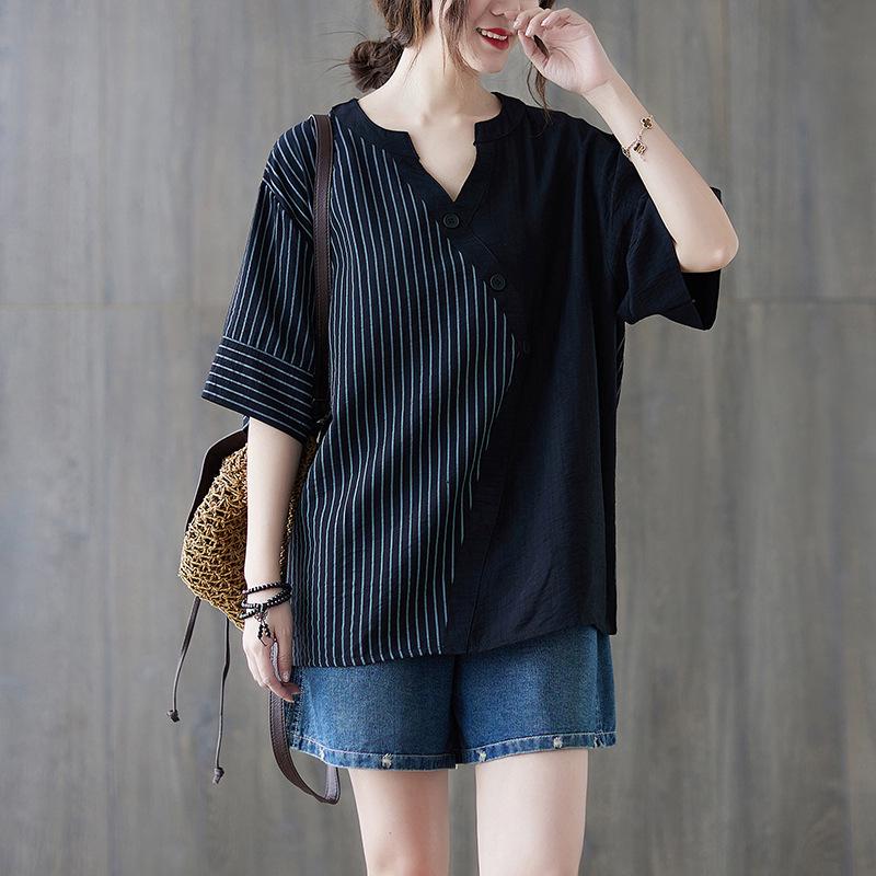 

2021 Summer Plus Size V-Neck Patchwork Shirt for Women Plus Size чорний