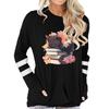 New 2024 Women T-shirt Cartoon Cat with Book Print Long Sleeve Cotton T Shirt Loose Autumn Tops Books Lovers Bookworm Tshirt