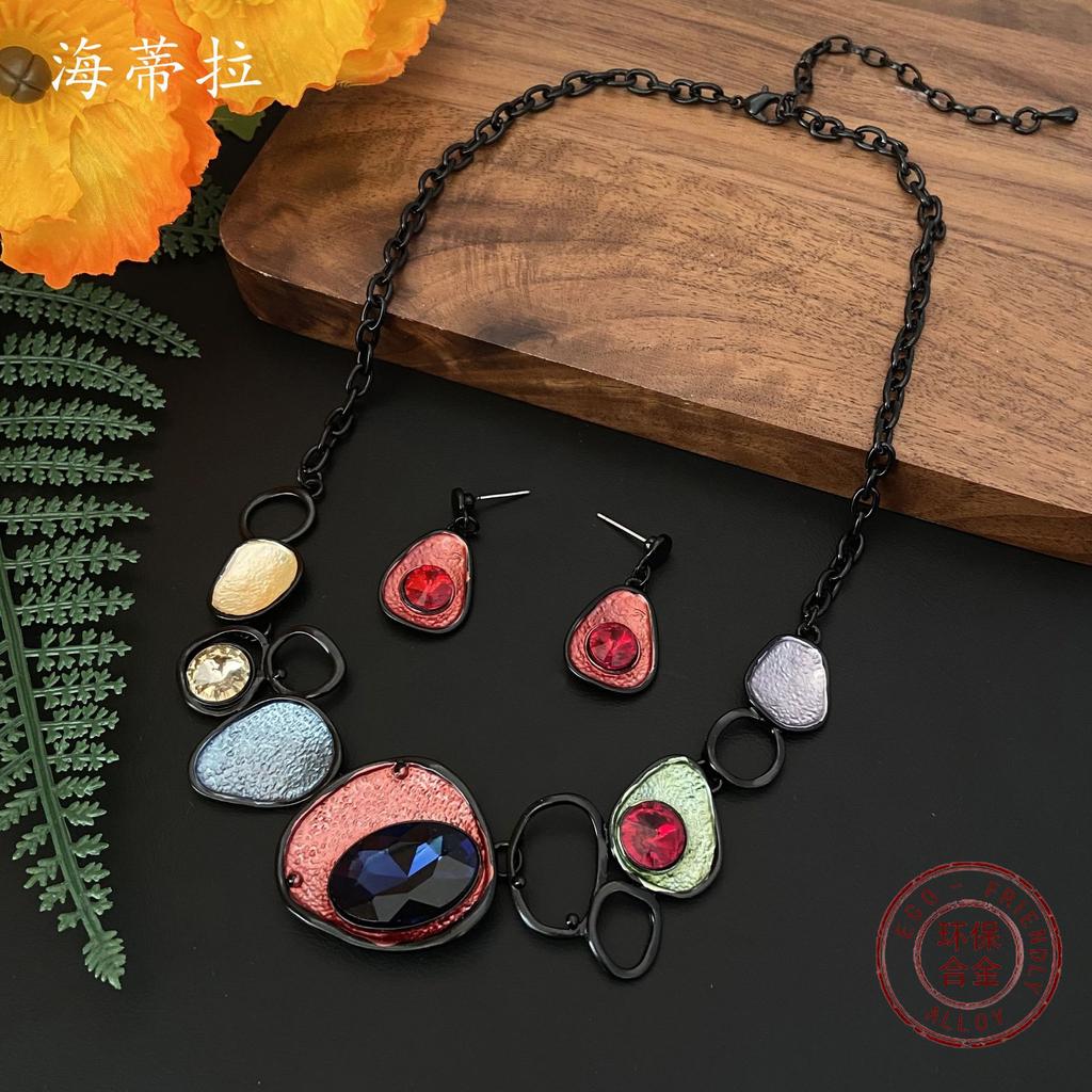 Luxury Hot Sale Color Oil Irregular Oval Necklace Earrings Set Fashion High Sense Ladies Set Gift