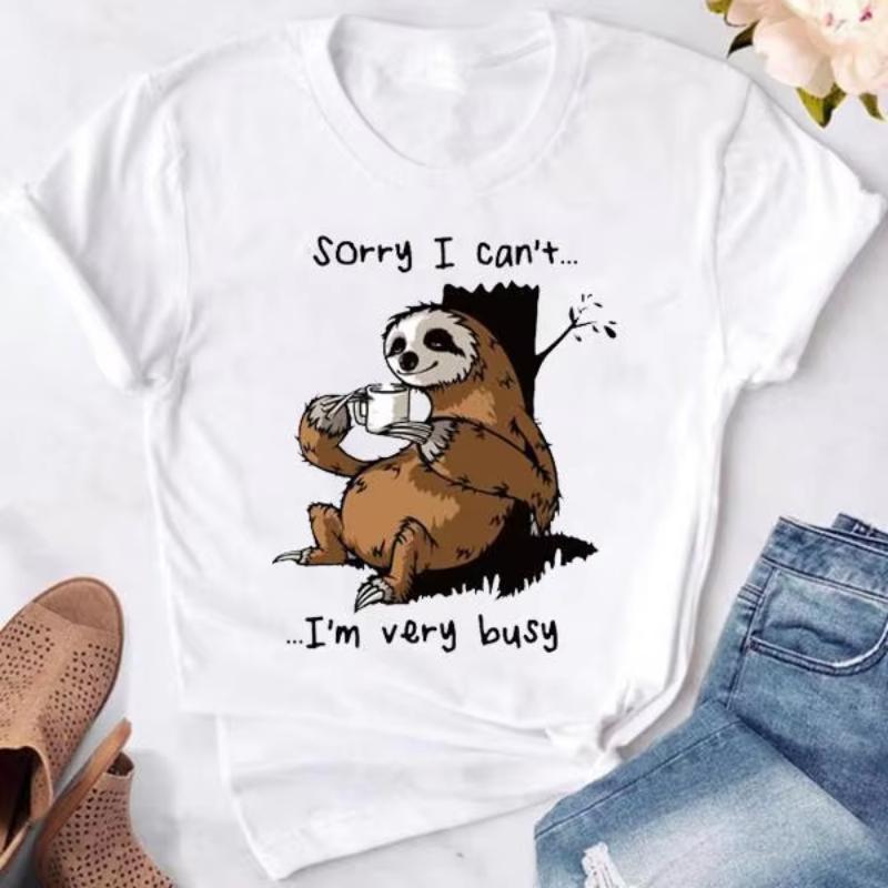 

Sloth Sorry I Cant Im Very Busy Print Tshrits For Women Summer Short Sleeve Round Neck Cute Loose Tshirt S