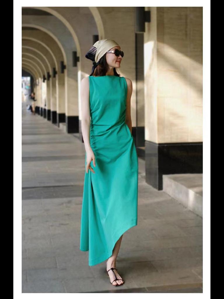 CO*S Women's Retro Irregular Sleeveless Long Skirt - 2025 Spring/Summer Slim Pleated Dress