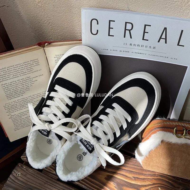 

Зимние бархатные парусиновые туфли женские туфли универсальные нишевые корейская версия 2025 новые маленькие белые туфли ins трендовые кеды студенческие туфли 37