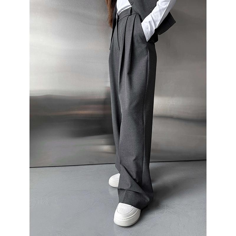 High Waist Women Suit Pants Autumn Winter Fashion Straight Long Trousers Office Ladies Casual Button Loose Female Gray Pant