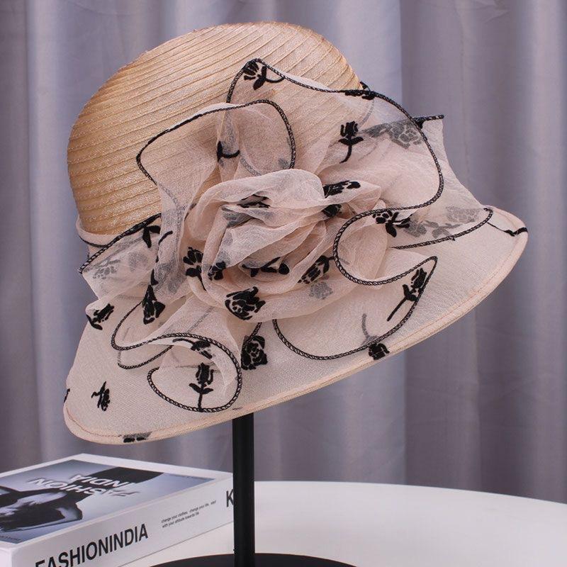 Legant Women'S Vintage Style Derby Hat with Large Handmade Flowers and Wind Mesh - Non-Stretch, Sun Protection, Knitted Craftsmanship