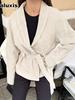Gilet Veste Longue Manches Longues en Velours Style Vintage pour Femmes Automne Hiver avec Ceinture en Tissu Mesh