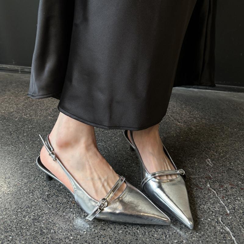 Fashion Patent Leather Thin Heel Pointed Toe Women Sandals 2025 Summer Buckle Low Heel Shallow Dress Shoe Sexy Party BrandsShoes