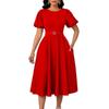 Women's summer fashion bubble sleeves elegant high waist solid color round neck large skirt dress
