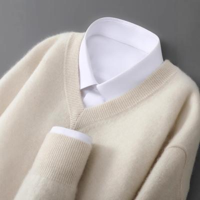 Męski sweter z czystej wełny 100%, z dekoltem w serek, w dużym rozmiarze, luźno dziergany, kaszmirowy, na jesień/zimę