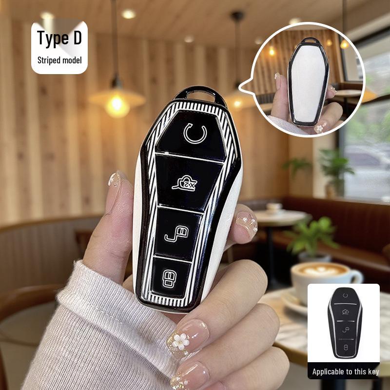 Black and White/Pink Striped Protective Case for BYD Han DMI/EV Car Key - High-grade for Men and Women
