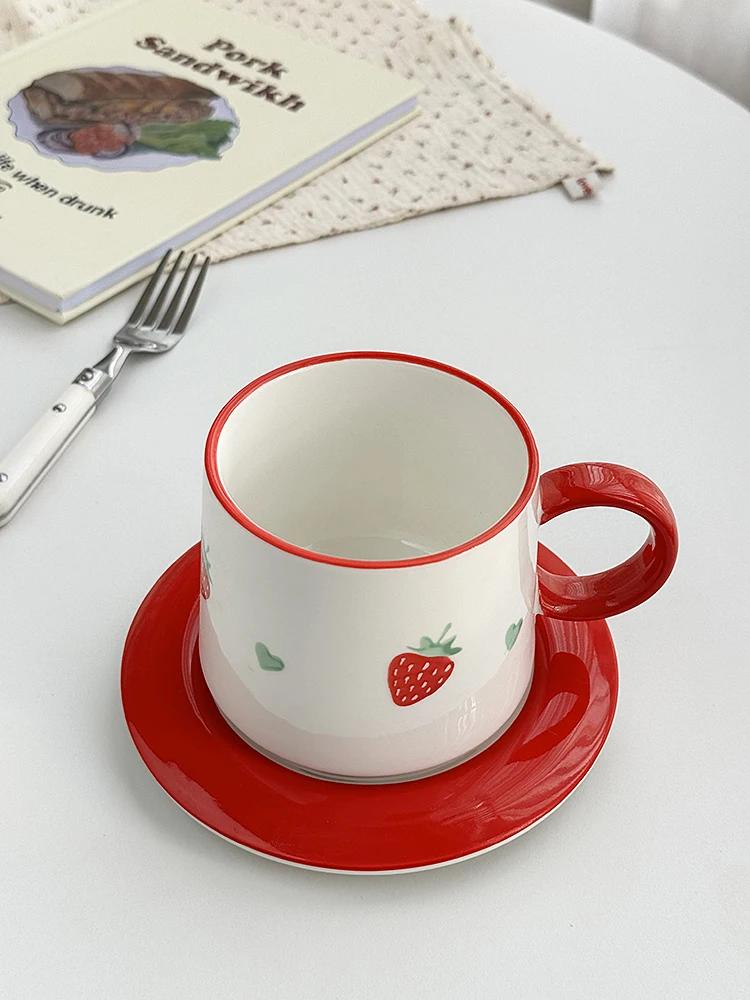 Korean Strawberry Ceramic Coffee Cup Plate Afternoon Tea Underglaze Cute Milk Cup Dish Set Red Green Color Birthday Gift