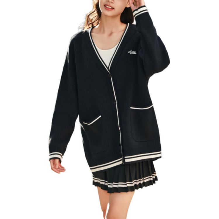 

Anta Striped V-Neck Single-Breasted Long Sleeve Knit Sweater Women tops Legendary-Blue Ivory-White 962438703-2