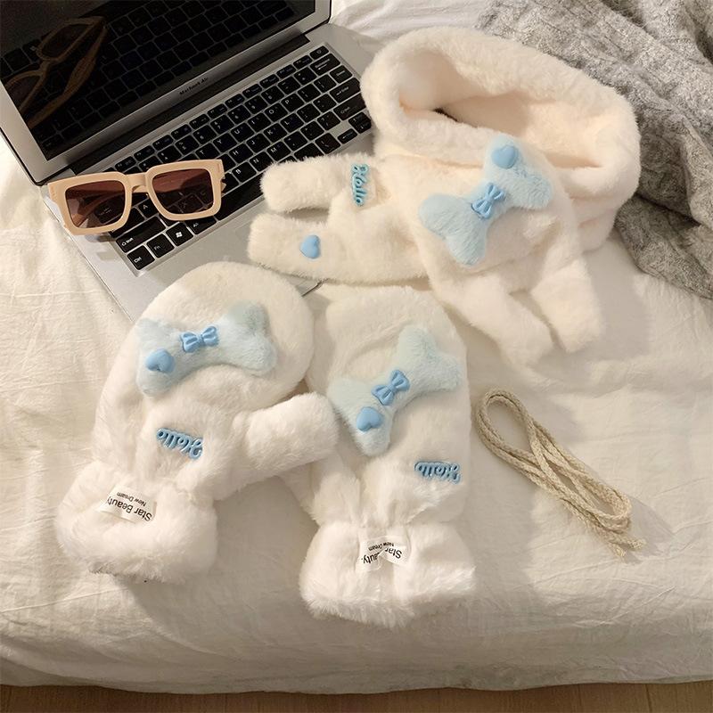 Cute Warm Plush Thickened Gloves Winter Ski Riding Windproof and Cold Cartoon Neck Five-finger Gloves