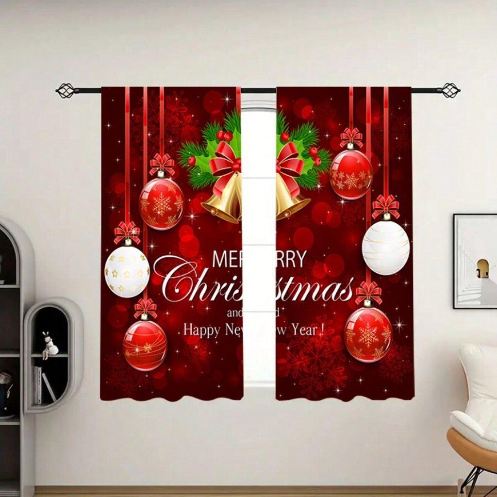 2pcs Red Christmas Digital Print Curtain, 100% Polyester Semi-shading Curtain For Bedroom, Living Room & Home Decor