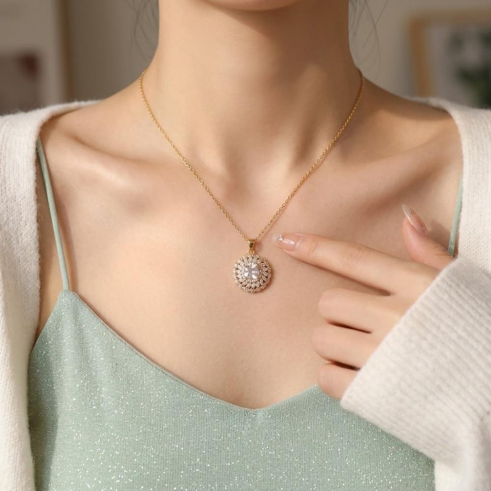 Simple Female White Zircon Stone Round Pendant Necklace Silver Color Wedding Jewelry For Women
