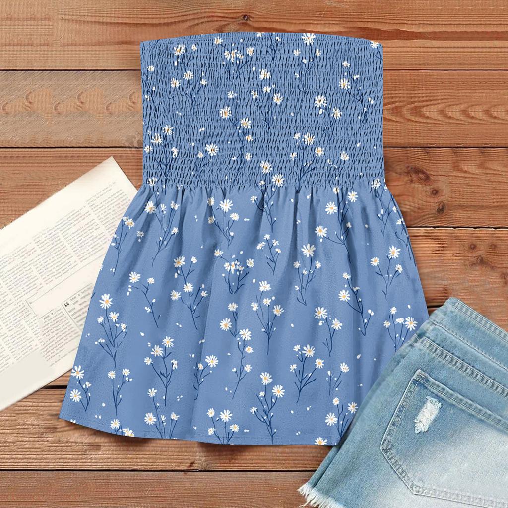 Women's Fashionable And Sexy Backless Elastic Floral Print Strapless Slimming T-shirt Top