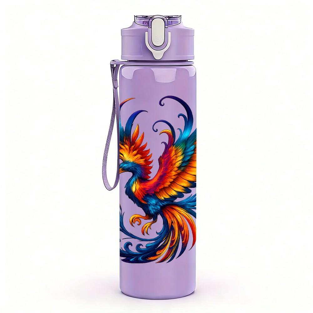 1PC Phoenix Bird Fire Pattern 750ml Color Plastic Sports Water Bottle Leakproof Flip Straw Lid Suitable for Sports Office Home Use
