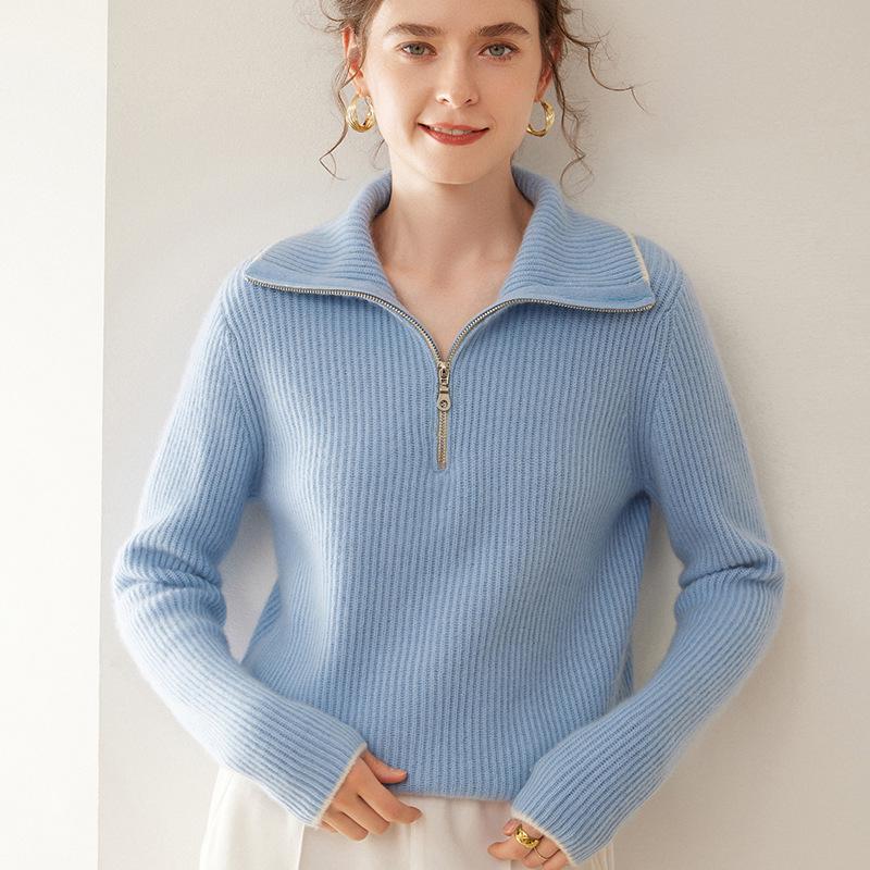 Women's Cashmere Half-Zip High Neck Loose Pullover Sweater