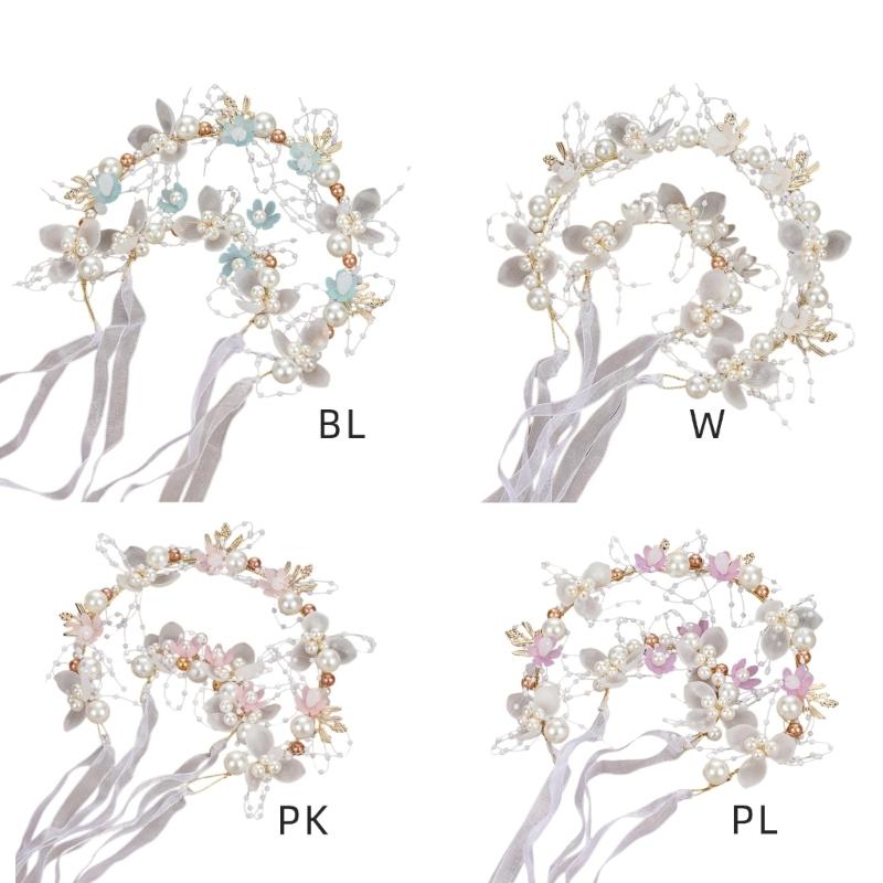 Flower Girl Tiaras Headband with Wrist Flower Artificial Pearls Flower Hairhoop For Wedding Dress And Formal Occasion