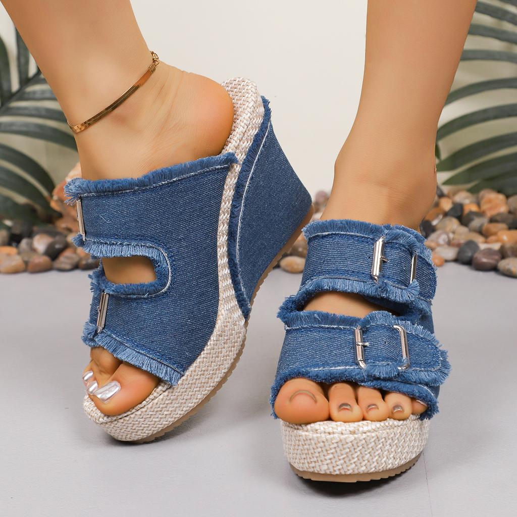 Women Sandals Wedges Platform Women Shoes Casual Double Buckle Strap Sandals Women Summer Thick Sole Denim Slippers