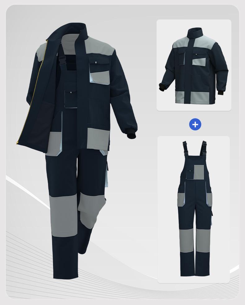 Cross-Border 3D Color-Block Multi-Pocket Hooded Strap Overalls for Labor Protection
