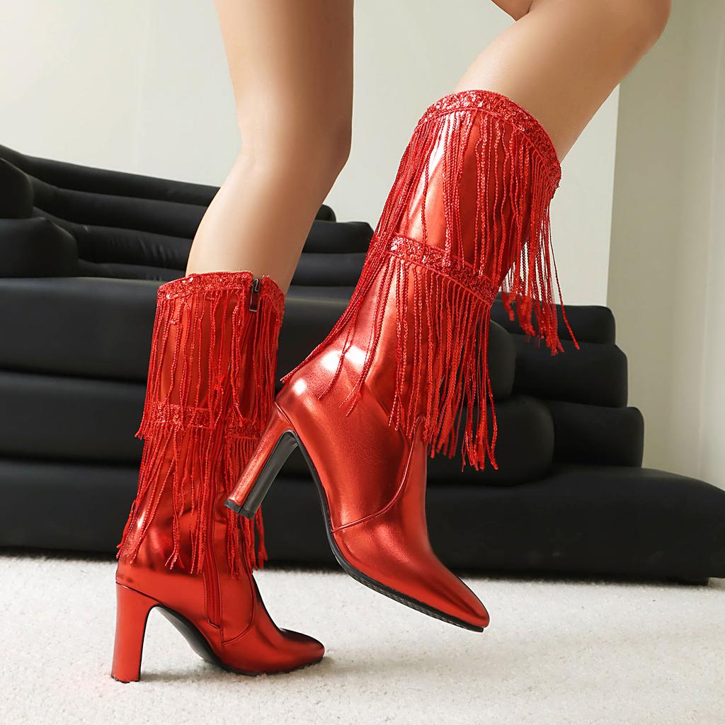 Damen High-Heel Stiefel Herbst und Winter neu Europäische und amerikanische Stiefel mit dickem Absatz und Fransen Übergröße mittelhohe Stiefel