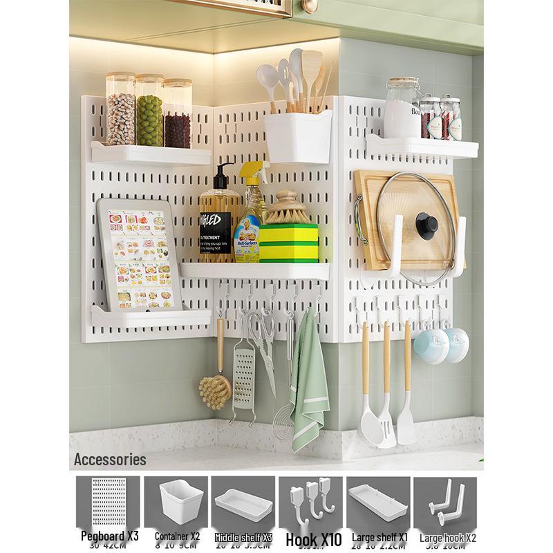Wall-Mounted Knife & Chopstick Holder, Punch-Free Pegboard with Tray & Multi-Functional Storage Rack
