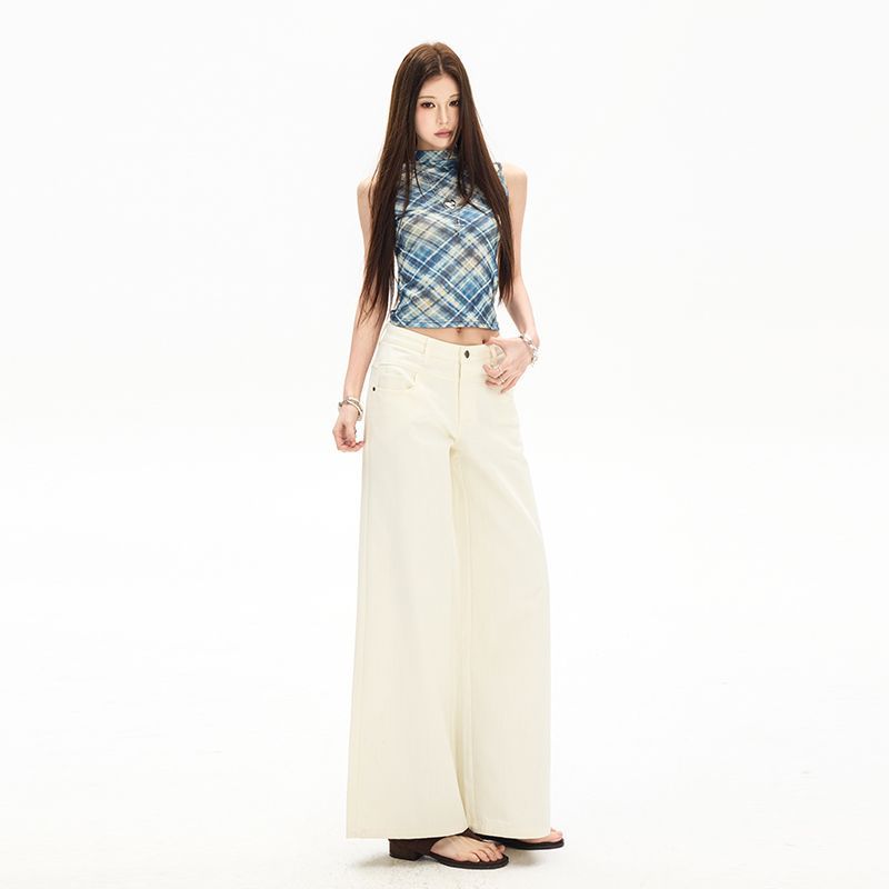 Spring Summer Off White Casual Relaxed Wide Leg Flare Denim Pants For Women Casual Pants Oversize Denim Trousers