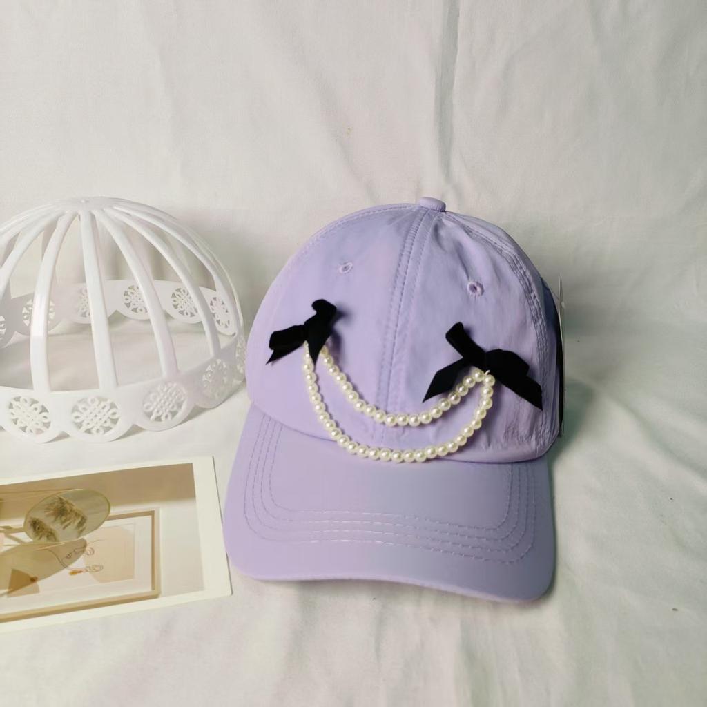 Summer quick-drying pearl bow baseball cap children's new cap big head circumference sun protection small face visor