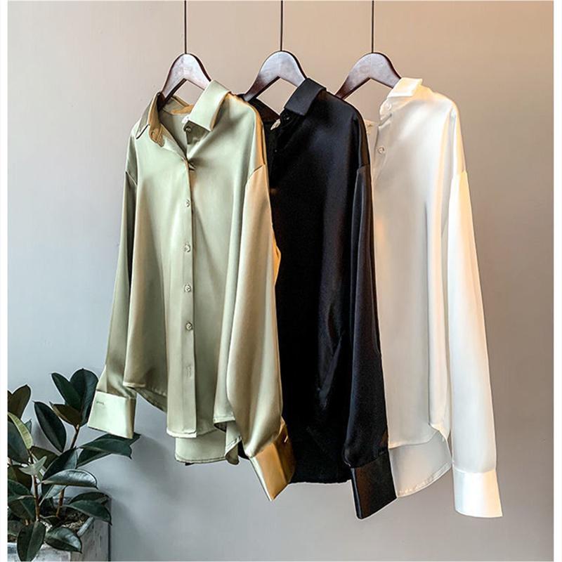 Frühling Herbst Revers Satin Blusen Solide Weiß Langarm Shirt Damen Büro Bluse Fashion Top