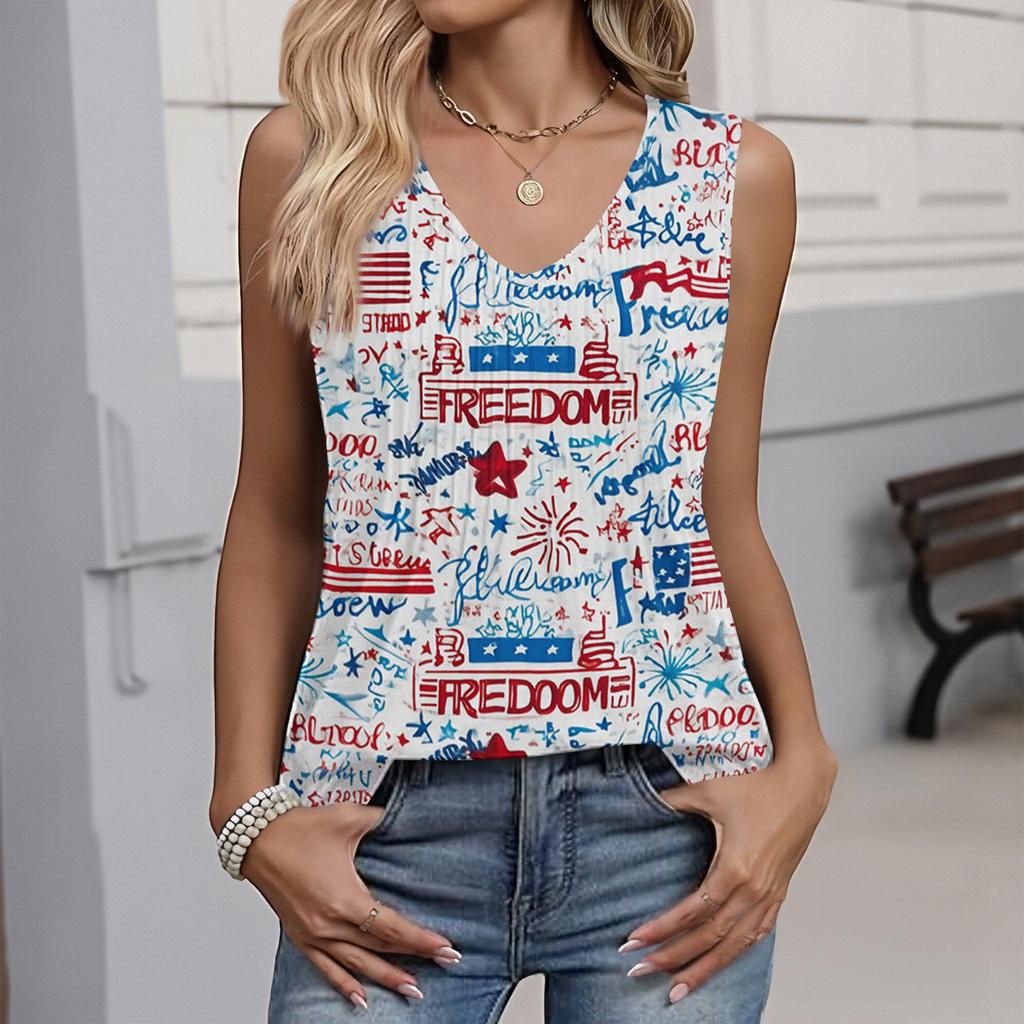 Damenmode Lässig Amerikanische Unabhängigkeitstag Flagge und Sterne Aufdruck V-Ausschnitt Rüschen Ärmellos Weste T-Shirt Top