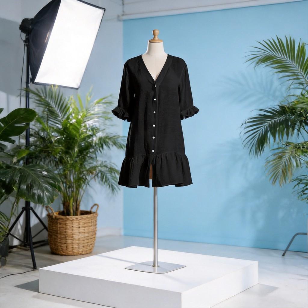 Summer V Neck Ruffle Dress With Spliced Cotton Fabric For Beachwear And Sun Protection