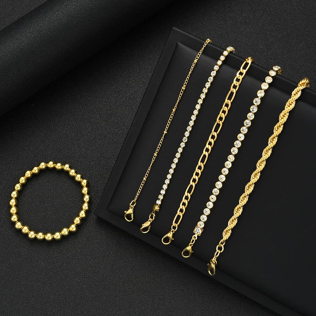 6pcs Vintage Punk Zircon Metal Chain Bracelet Set for Women Beaded Twist Design Multi-Layer Bracelets Daily Wear Jewelry Gifts