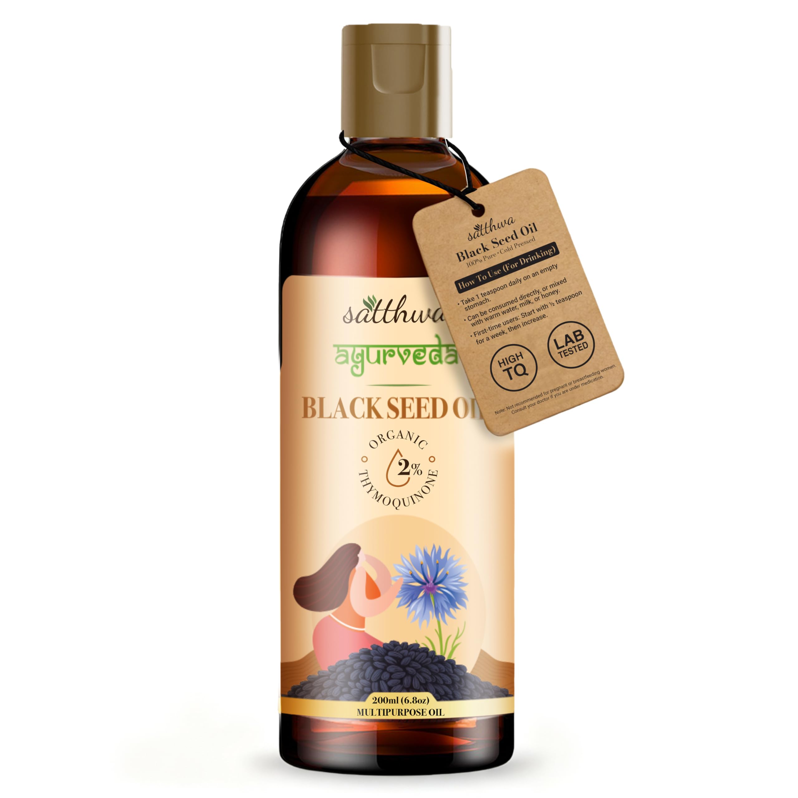 Satthwa Organic Black Seed Oil - Edible - Cold-Pressed, 100% Pure Nigella Sativa Oil, High TQ, Nutrient-Rich for Immune, Hair & Skin Support - 200ml