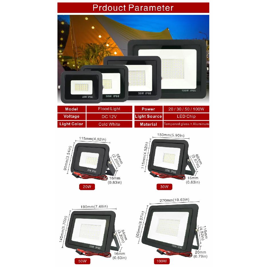 DC12V Led Flood Light 20W 30W 50W 100W Outdoor Floodlight Spotlight IP66 Waterproof Light Reflector Portable 12 Volt Led Lights