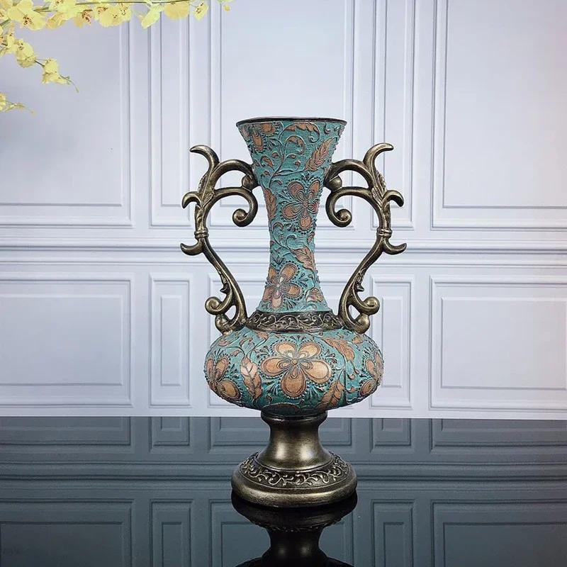 European High-end Home Ornament Retro Luxury Resin Decoration Ornament House Living Room Artificial Flowers Vase
