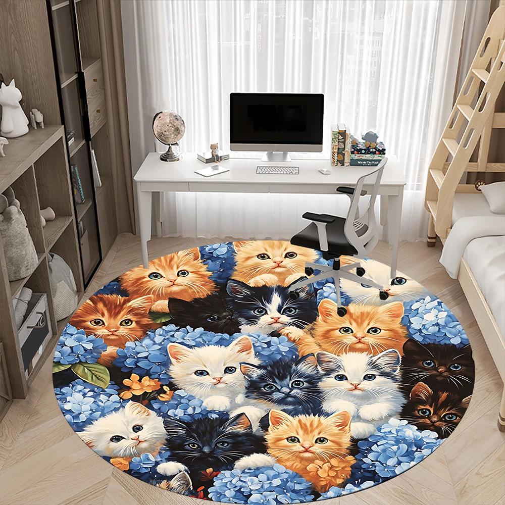 1pc Cat Flowers Office Round Rug, Carpet for Office, Gaming, Lightweight Round Floor Mat yy260208078