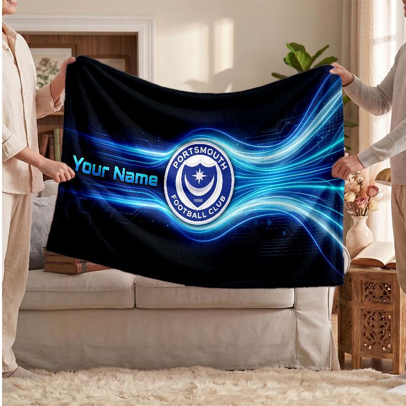 Personalisierte Fleece-Decke des Portsmouth FC mit Fußball-Logo, Individueller Name/Text, Weich, Warm, Heim-Überwurfdecke