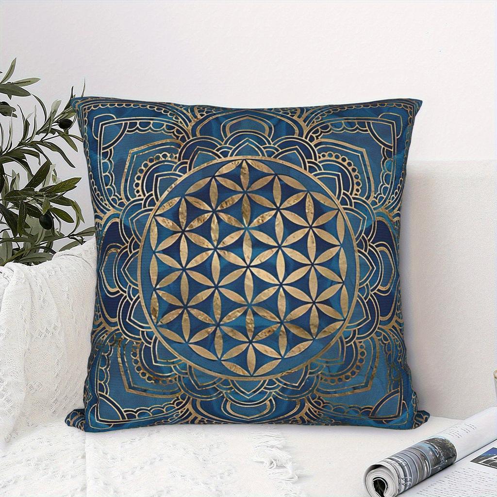 Flower Of Life Mandala Pillow Cover Blue Gold Geometric Print Soft Throw Pillow Case For Yoga Meditation Home Decor Gift