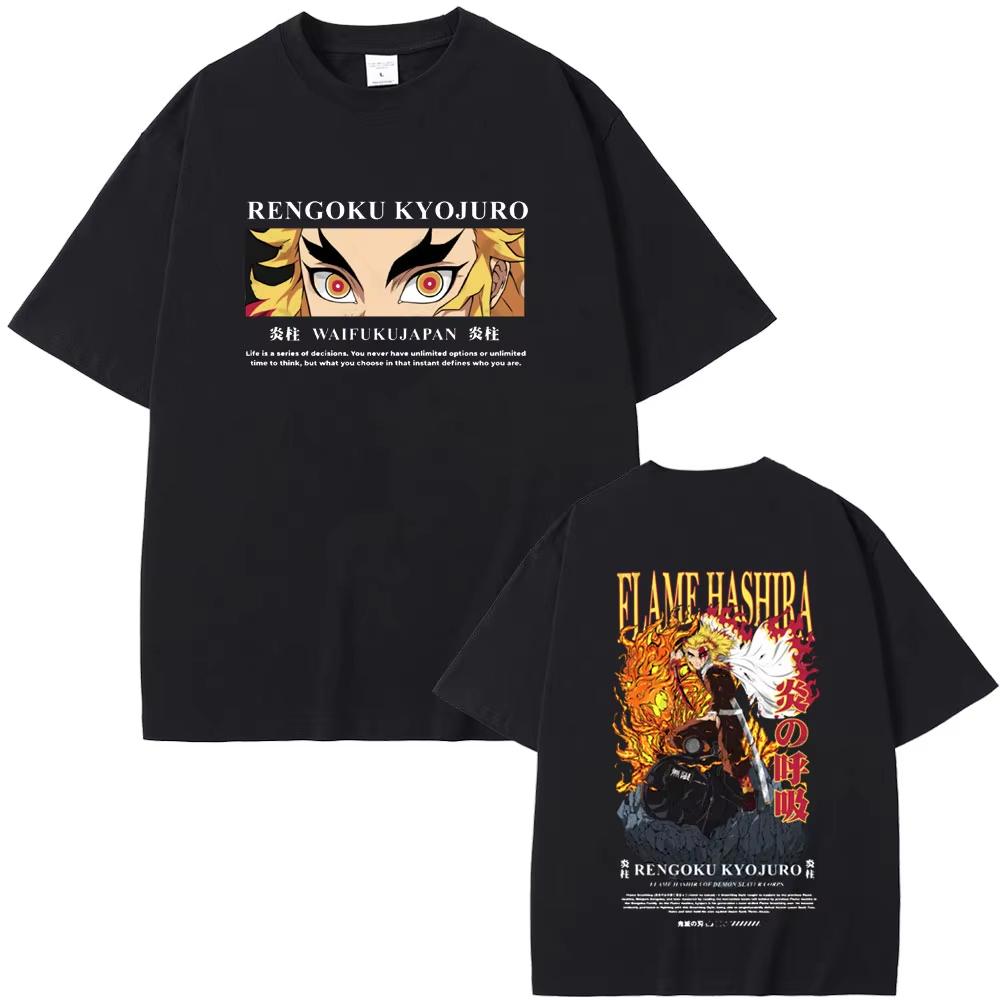 Anime Demon Slayer T-shirt Rengoku Kyoujurou Ögon Grafisk T-shirt Män Kvinnor Mode Casual T-shirts Manlig Mjuk Bomull Kort Ärm