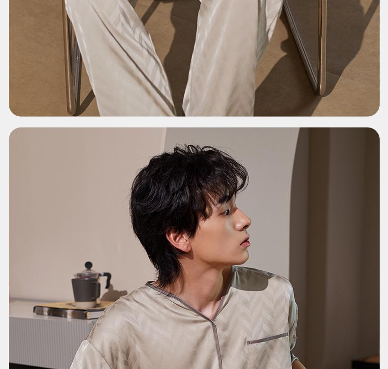 Xuan Liang Lao Qian Feng Men's Summer Thin Ice Silk Short Sleeved Pants Cool Sensation Simulated Silk Home Clothes Set