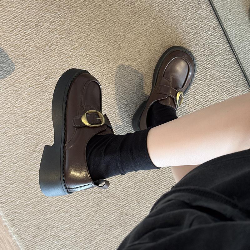 Platform loafers women's 2025 new autumn and winter British style small leather shoes versatile brown single shoes one pedal women's shoes