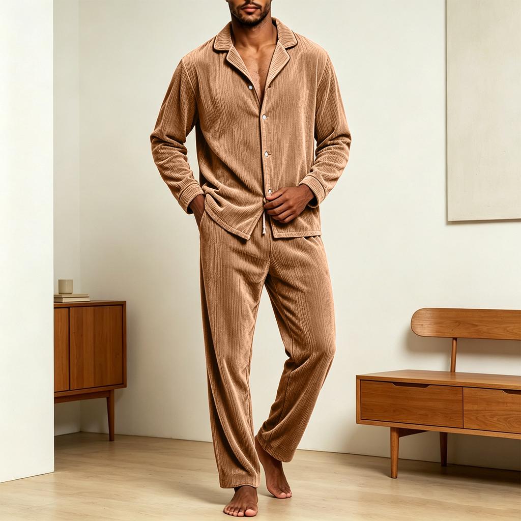 Men's Corduroy Pajama Set with Casual Long Sleeve Button Front Lapel Collar Shirt and Loose Fit Pajama Pants