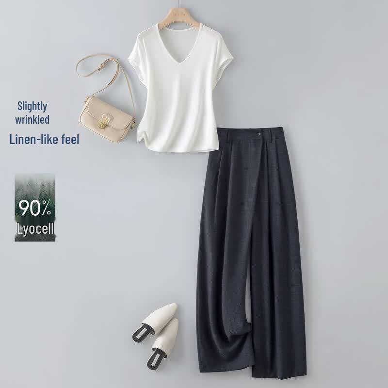 IHIMI Women's Minimalist V-Neck T-Shirt and Wide-Leg Pants Two-Piece Set