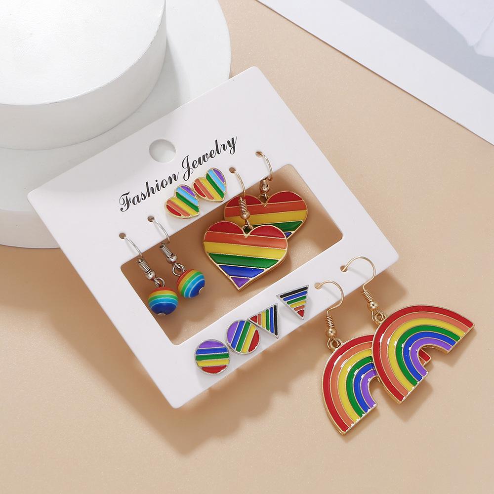 6 Pairs of INS Style Earrings: Alloy Oil Drop, Heart, and Rainbow Designs