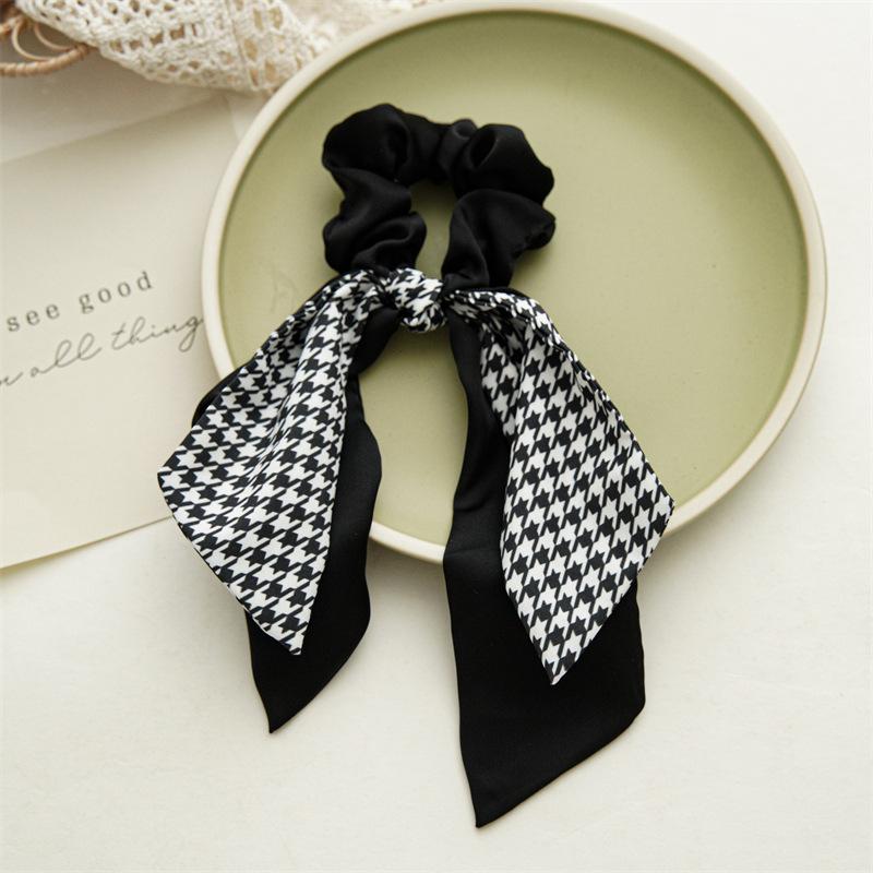 New Black and White Grid Hair Rubber Band Bow Streamer Hair Accessories Large Intestine Hair Ring Elastic Head Rope Accessories